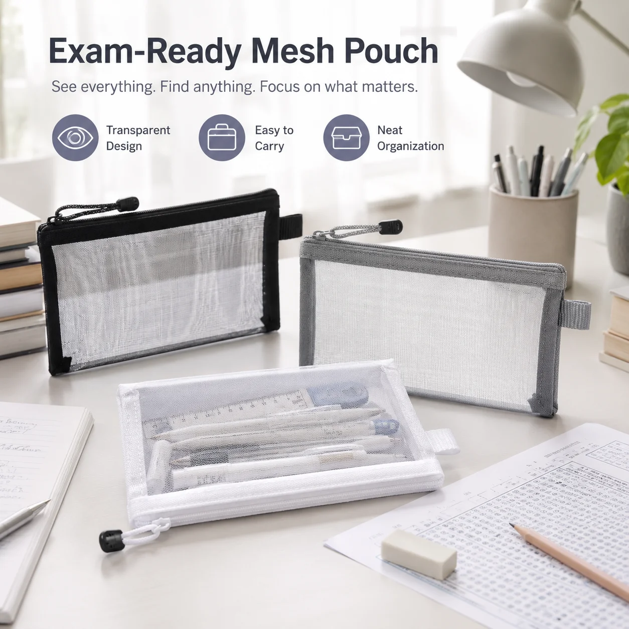 Clear Mesh Pencil Pouch For Exam - กระเป๋าใส่ปากกาตาข่ายใส ซิปใส ใช้สำหรับสอบ กระเป๋าใส่อุปกรณ์เครื่องเขียนแบบพกพา สำหรับอุปกรณ์สำนักงานและโรงเรียนประจำวัน
