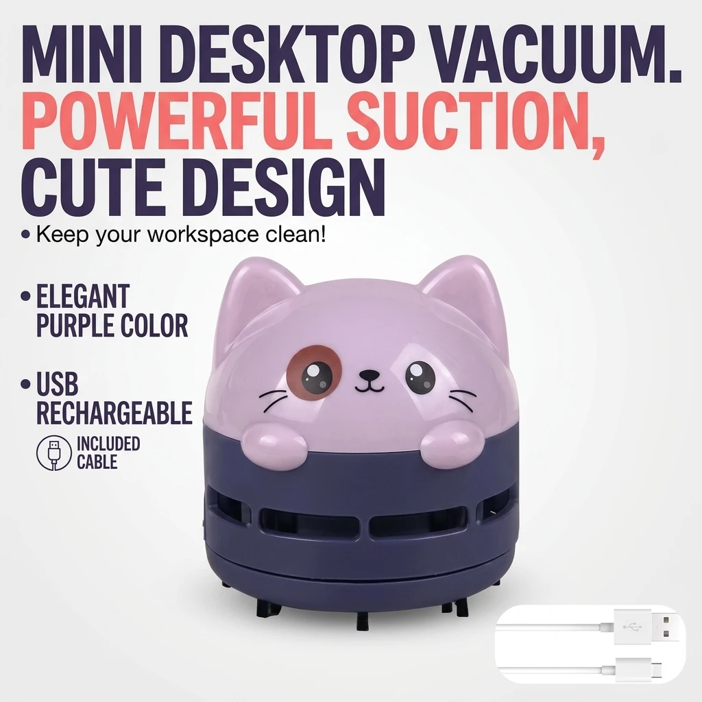 Mini Desktop Vacuum Cleaner For Eraser Dust - เครื่องดูดฝุ่นตั้งโต๊ะขนาดเล็ก ไร้สาย ชาร์จ USB ได้ ลายการ์ตูนแมวน่ารัก