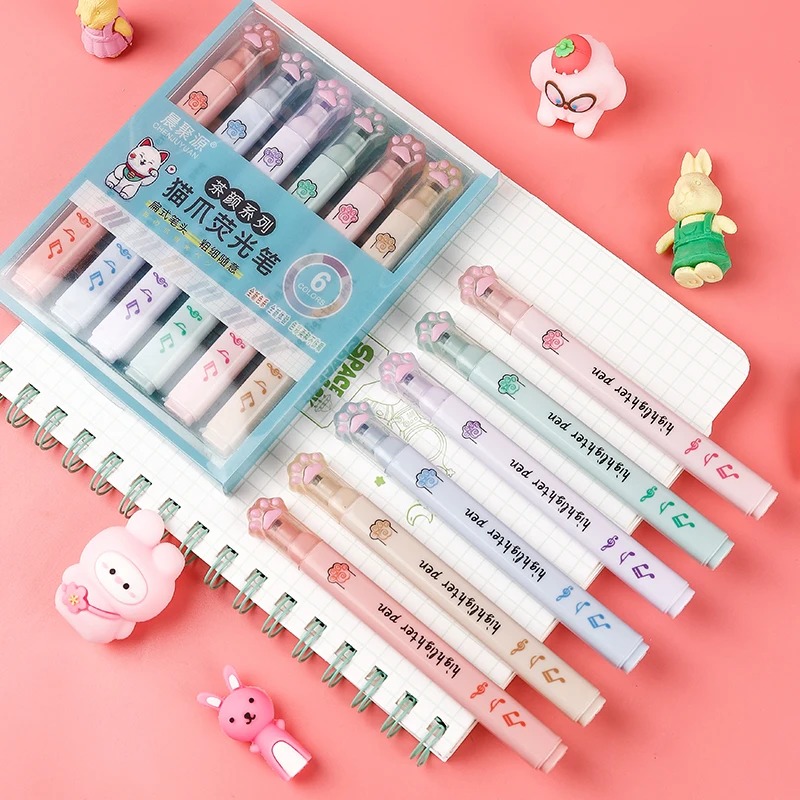 Pastel Highlighter Set Double Ended - 6 ชิ้น/แพ็ค Kawaii Cat Claw สีพาสเทล