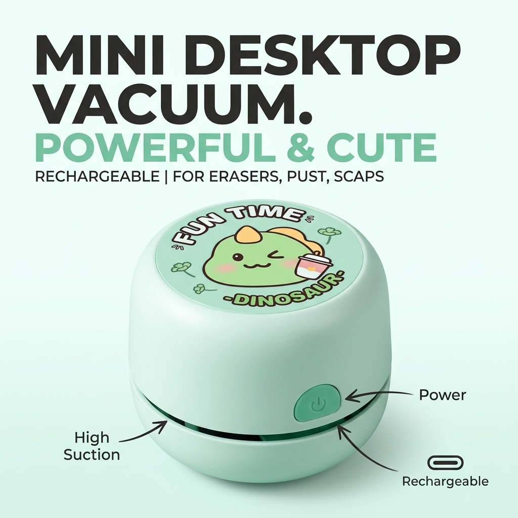 Mini Desktop Vacuum Cleaner For Eraser Dust - เครื่องดูดฝุ่นตั้งโต๊ะขนาดเล็กแบบชาร์จไฟได้ไร้สาย พกพาสะดวก รูปทรงไดโนเสาร์น่ารัก สำหรับดูดเศษฝุ่น ทำความสะอาดคีย์บอร์ด เศษไม้