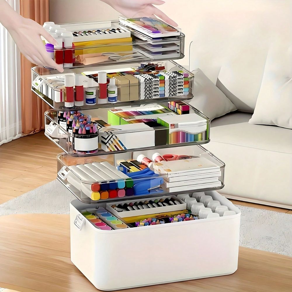Stationery - กล่องจัดเก็บยาแบบโปร่งใสหลายชั้น, กล่องจัดเก็บแบบแบ่งช่องขนาดใหญ่พกพาสะดวก, กล่องเก็บของใสทำความสะอาดง่ายสำหรับยา, เครื่องเขียนสำนักงาน, อุปกรณ์งานฝีมือเย็บปักถักร้อย และของใช้ในห้องน้ำ,