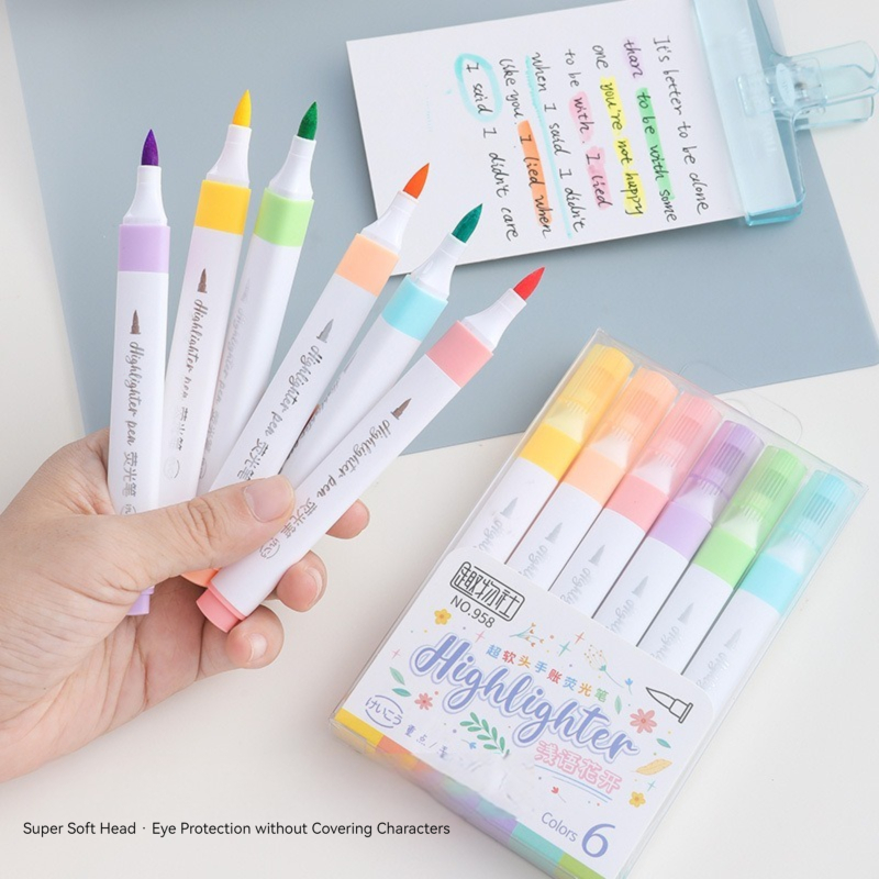 ชุดปากกาไฮไลท์สีพาสเทล6สีแปรงเ - Pastel Highlighter Set Double Ended บทวิจารณ์และราคา